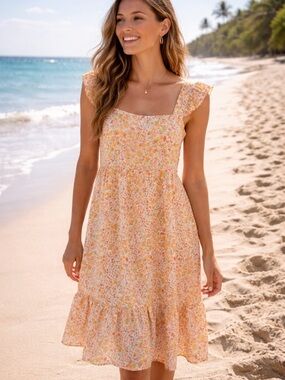 Emma & Michele Cream Floral Sundress with Peach and Green Accents size large